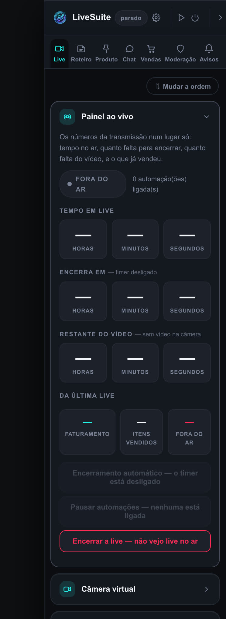 O painel do LiveSuite aberto sobre o Gerenciador de LIVE do TikTok, com o Painel ao vivo mostrando tempo no ar, quanto falta para encerrar e o faturamento da última live.