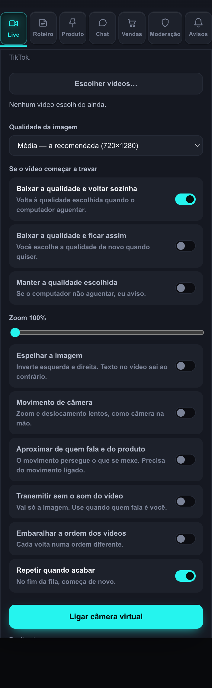 A seção da câmera virtual, com a fila de vídeos, a qualidade e o monitoramento da live.