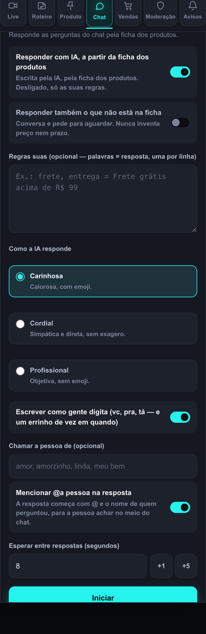 A seção de resposta automática do painel, com as opções de tom e a marca de escrever como gente digita.