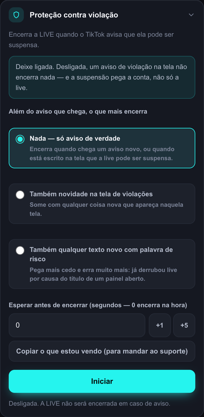 A seção de proteção contra violação, com as opções do que faz encerrar a LIVE.